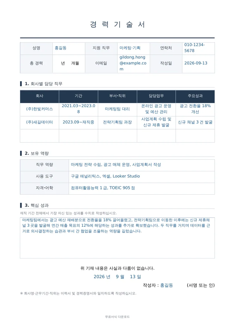 경력기술서 (직무 중심) 양식 미리보기