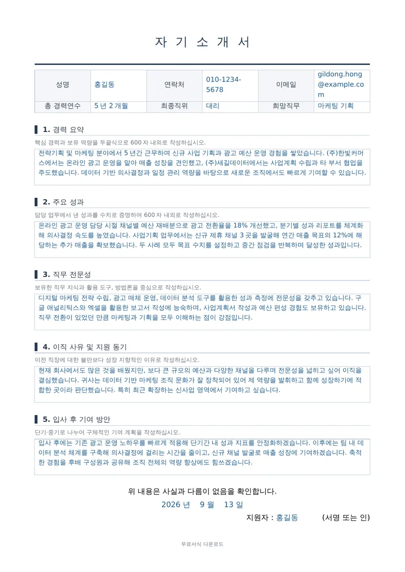 자기소개서 (경력용) 1페이지 작성 예시 미리보기