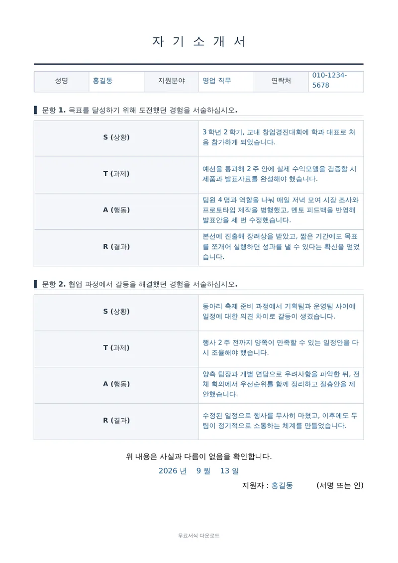 자기소개서 (항목형·STAR) 1페이지 작성 예시 미리보기