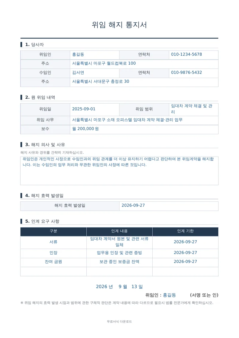 위임 해지 통지서 1페이지 작성 예시 미리보기