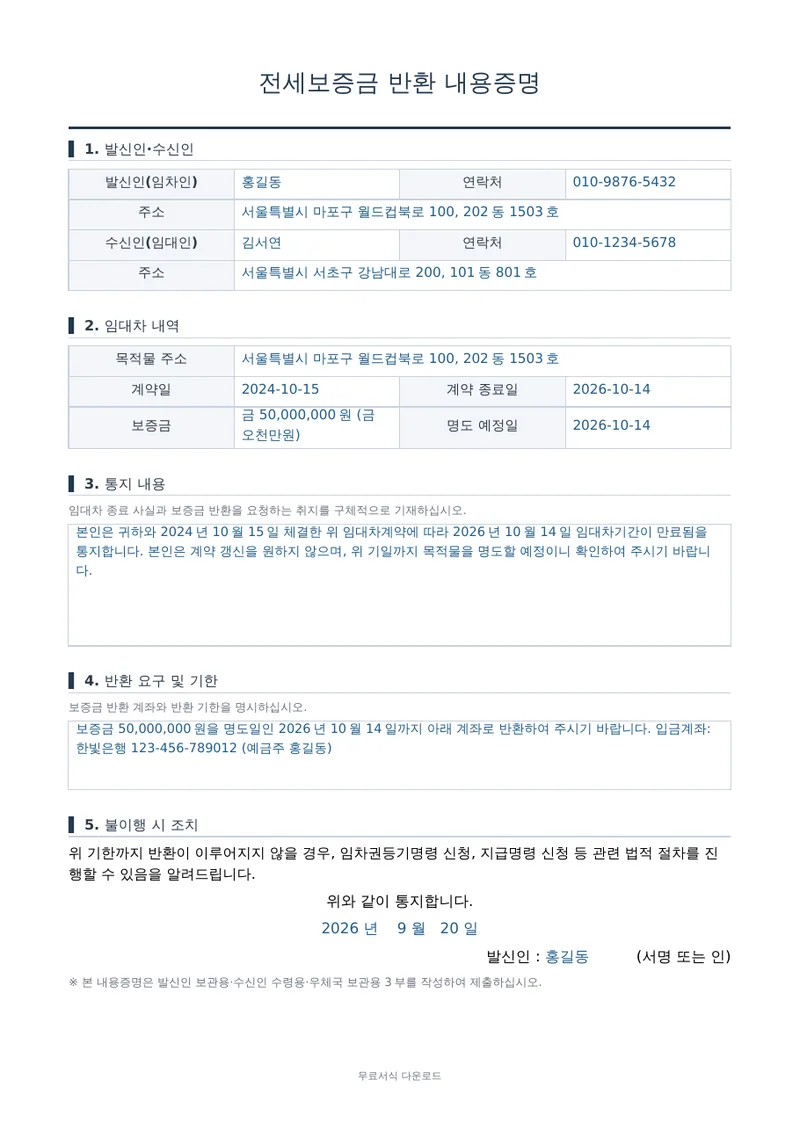 전세보증금 반환 내용증명 1페이지 작성 예시 미리보기