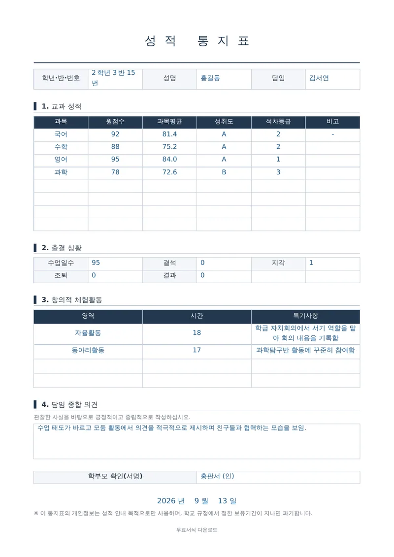 성적 통지표 1페이지 작성 예시 미리보기