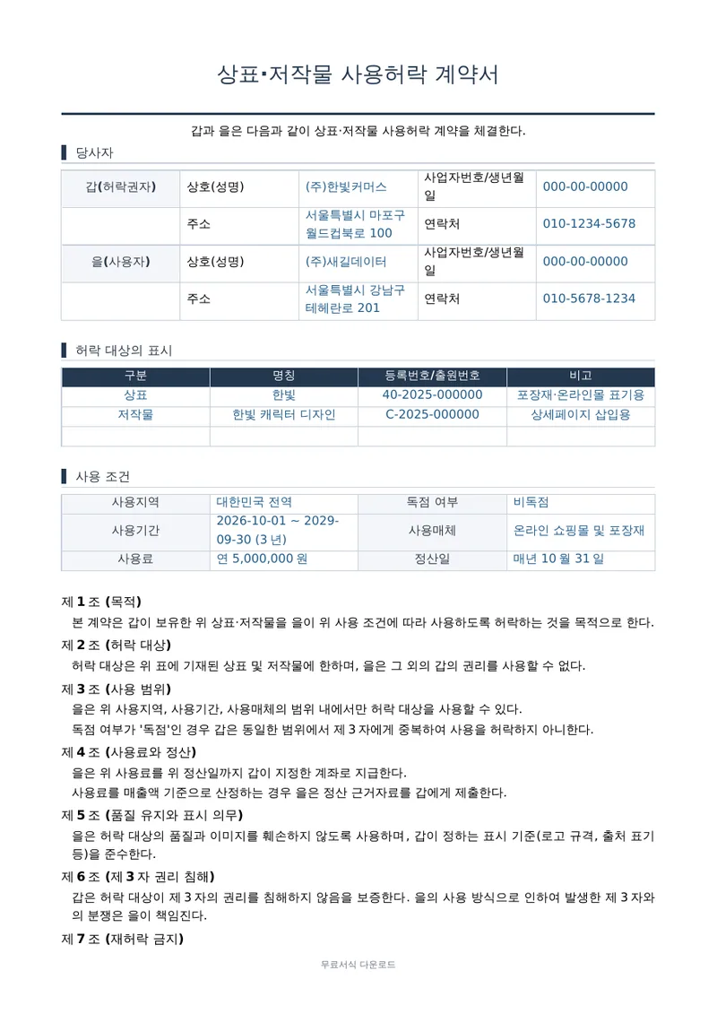 상표·저작물 사용허락 계약서 양식 미리보기