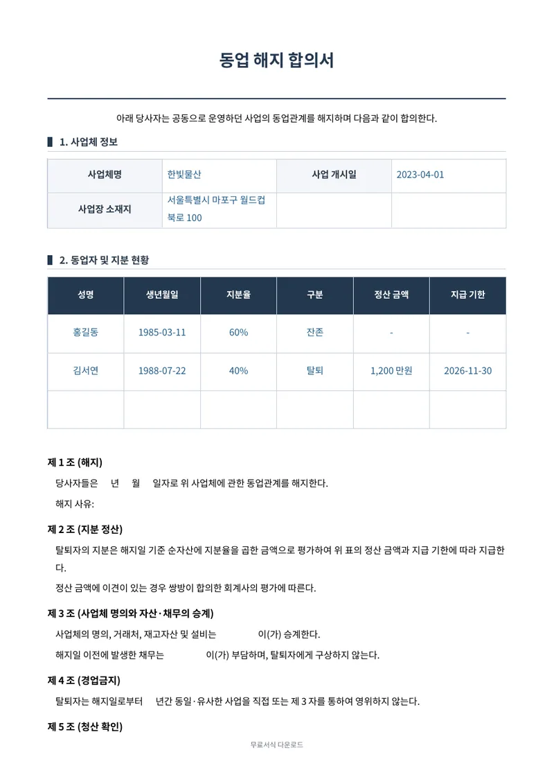 동업 해지 합의서 1페이지 작성 예시 미리보기