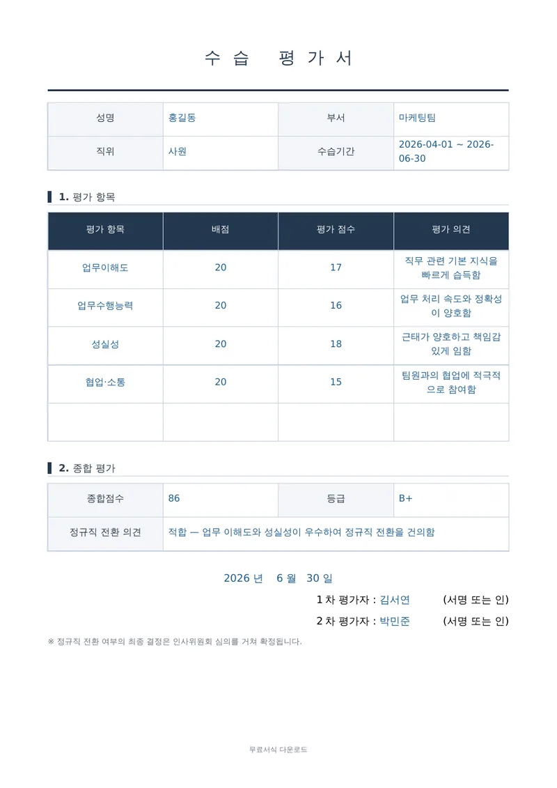 수습 평가서 1페이지 작성 예시 미리보기