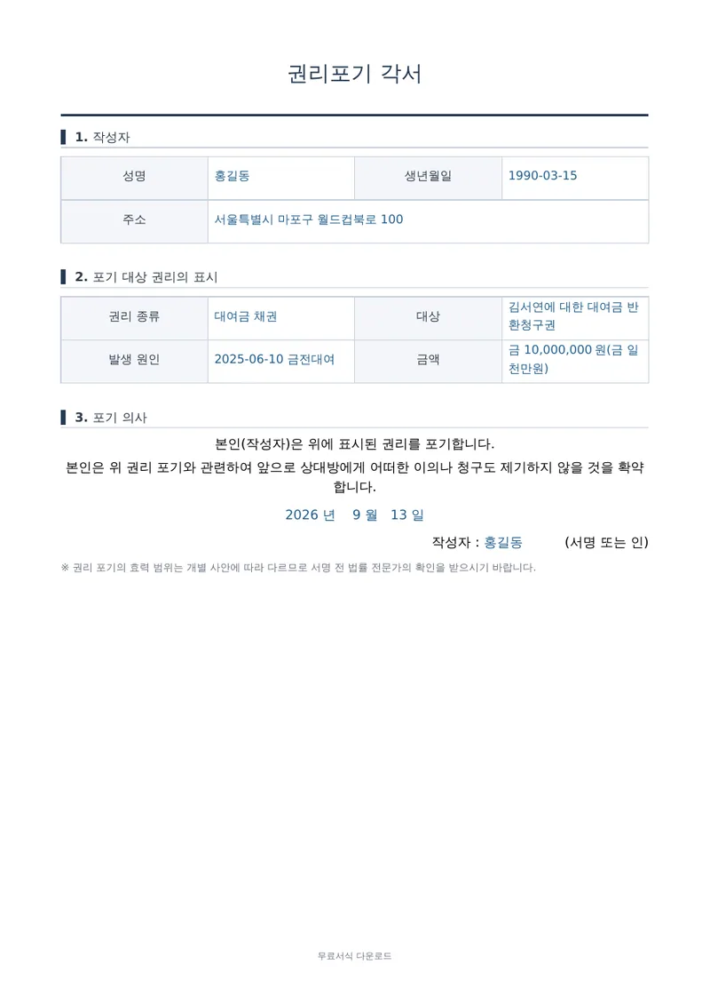 권리포기 각서 양식 미리보기