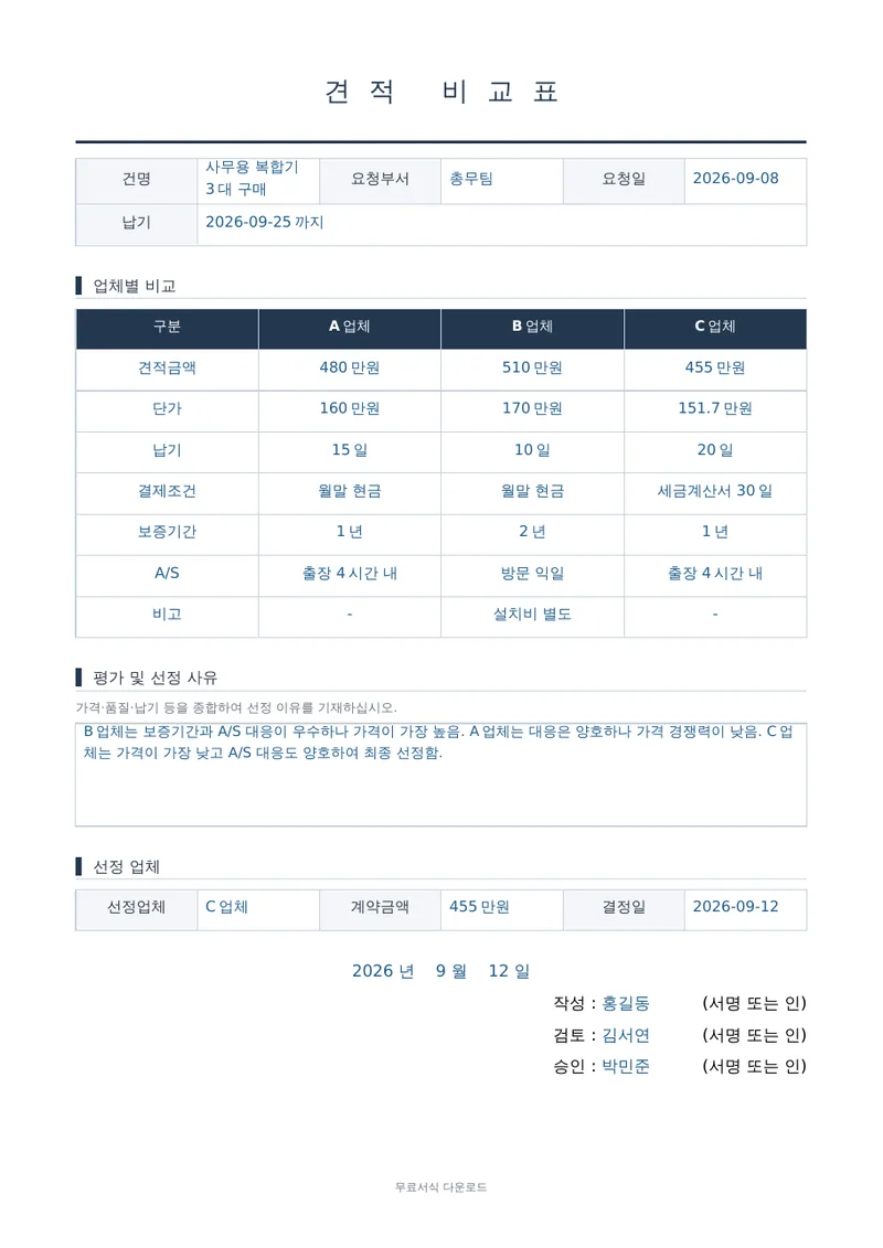 견적 비교표 양식 미리보기