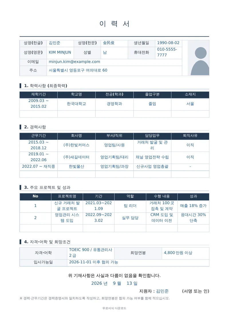 이력서 (경력용) 1페이지 작성 예시 미리보기