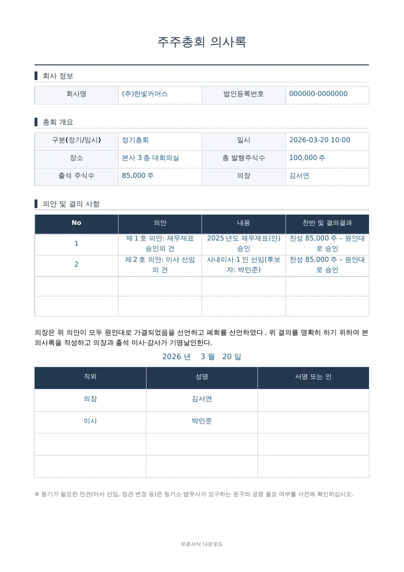 주주총회 의사록 1페이지 작성 예시 미리보기