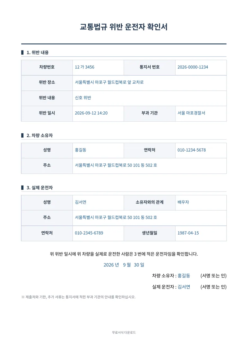 교통법규 위반 운전자 확인서 양식 미리보기