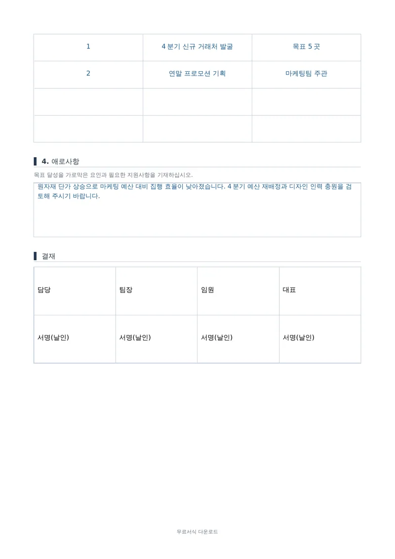 월간업무보고서 2페이지 작성 예시 미리보기